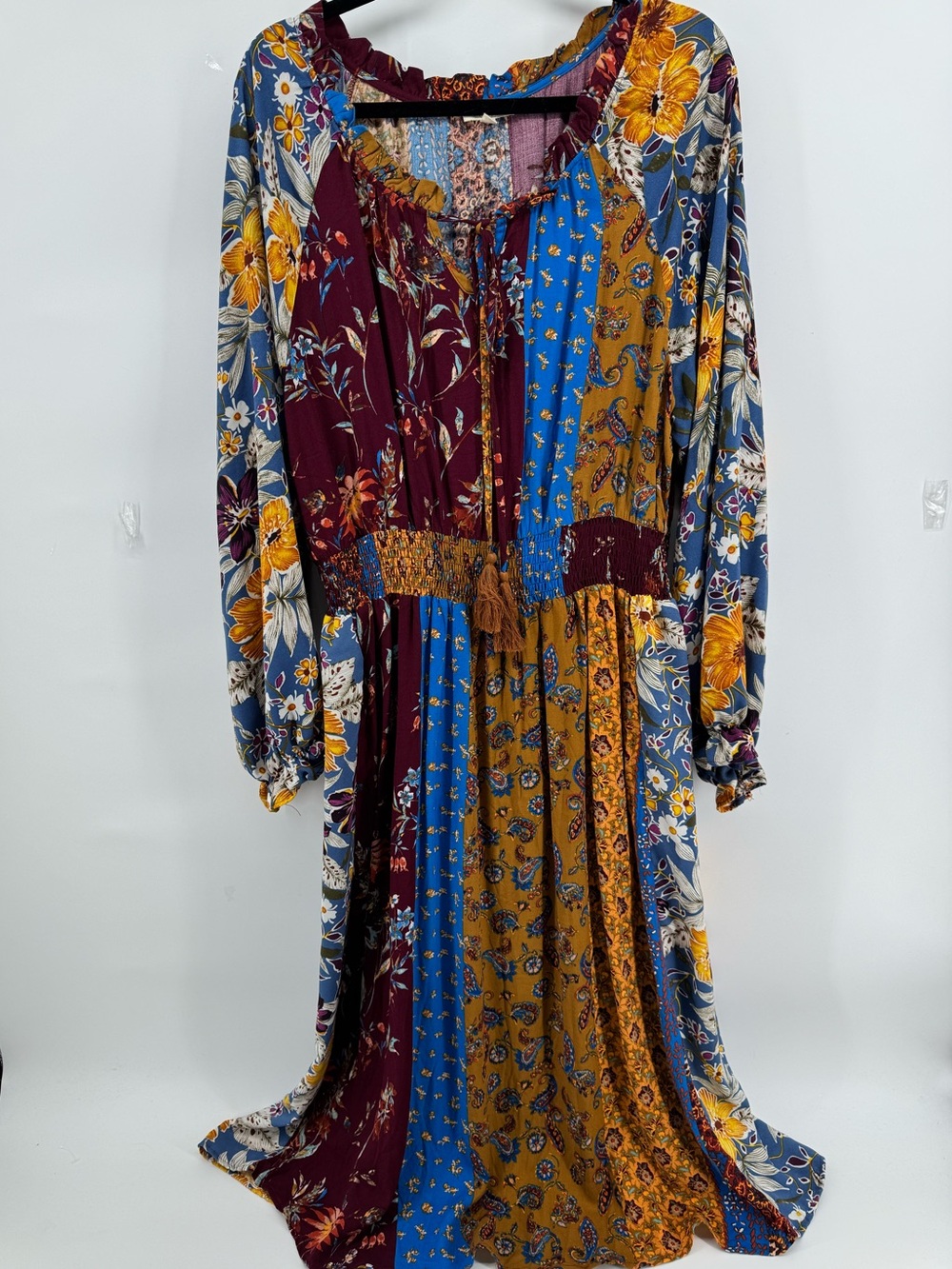 ODDY PLUS BOHEMIAN PATCHWORK MAXI DRESS~BILLOWY SLEEVES ELASTIC WAIST Women's 3X